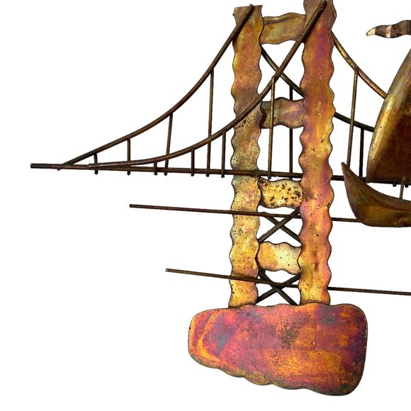 Vintage Mid Century Copper Metal Brutalist Style Wall Hanging Sailboats Bridge - Picture 4 of 16